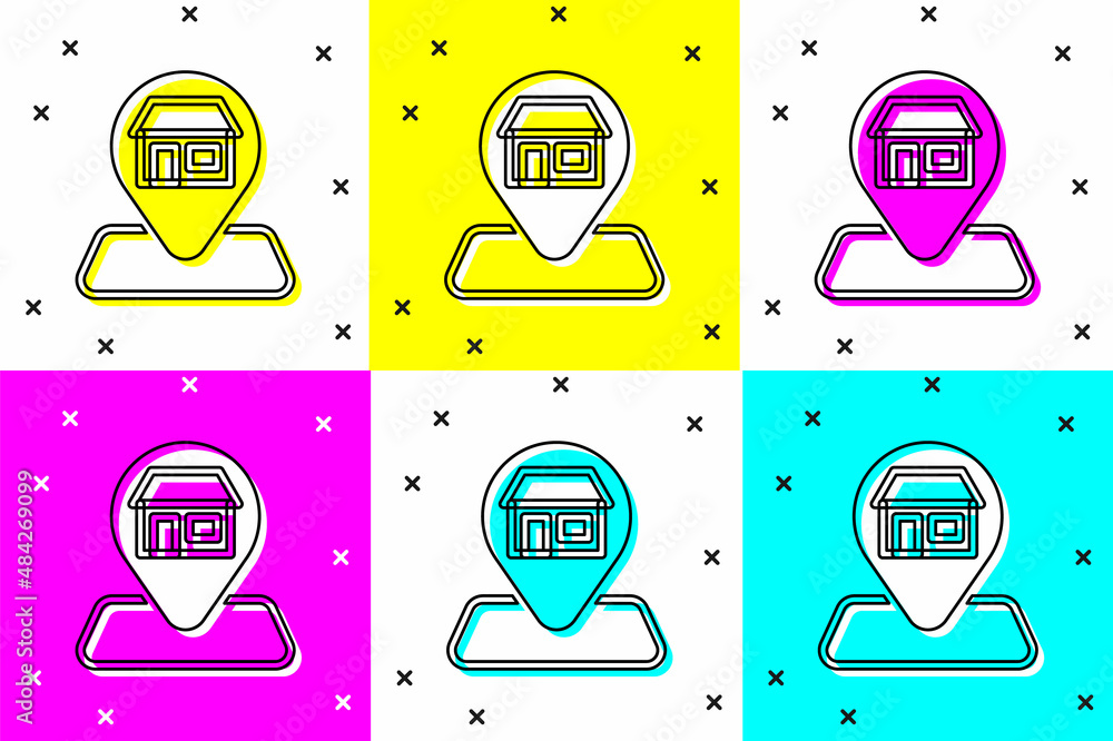 Aufkleber set map pin with shopping building or market store icon isolated on color background. shop construct