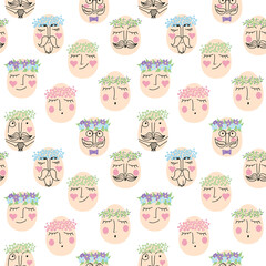Vector Easter egg pattern with cute faces of male gentlemen and girls in floral wreaths.Seamless background for fabric, wallpaper, wrapping paper, stationery. 