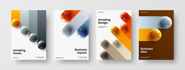Multicolored 3D spheres magazine cover illustration bundle. Colorful poster A4 design vector template set.