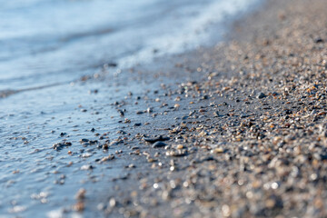 Fototapeta na wymiar sandy beach dotted with small shells against the background of transparent sea water