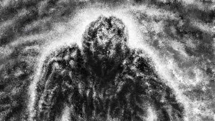 Scary dark person. Hellish evil demon. Creepy illustration in horror fantasy genre. Gloomy character from nightmares. Digital drawing concept. Coal and noise effect. Black and white background colors.