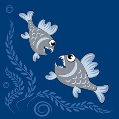 predatory evil piranha fish. Fabulous underwater world. Styling, cartoon style