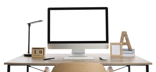 Wooden table with modern computer, decor and stationery on white background