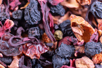 Wild berry tea. Mixture of healthy herbal Organic Dry Chai . Macro.