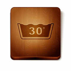 Brown Washing under 30 degrees celsius icon isolated on white background. Temperature wash. Wooden square button. Vector