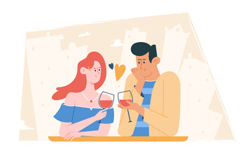 Cute couple on a date in a cafe. Boy and girl in love with glasses of wine. Valentine's day, joyful event, moments of love. Vector bright characters on the background of the city. New relationship.