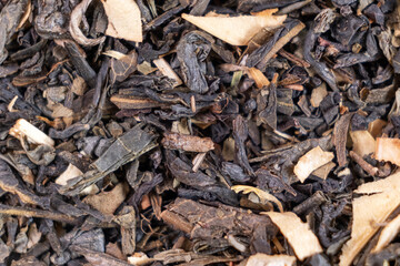 Mixture of healthy herbal Organic Dry Chai Tea full frame as background. Macro.