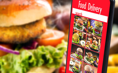 smartphone with food delivery app screen, online hamburger website, order your food