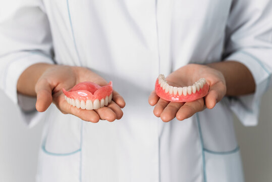 The dentist is holding dentures in his hands. Dental prosthesis in the hands of the doctor close-up. Front view of complete denture. Dentistry conceptual photo. Prosthetic dentistry. False teeth