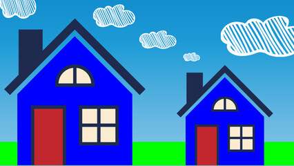  Two houses  is on blue sky background with clouds .A house with sky and clouds .house on the hill