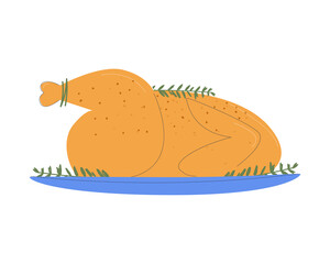 Juicy chicken on a plate. Christmas chicken. Festive dish. Flat vector illustration