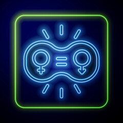 Glowing neon Gender equality icon isolated on blue background. Equal pay and opportunity business concept. Vector