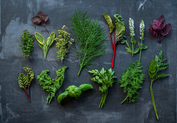 Natural culinary herb collection on dark background