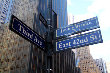 Blue East 42nd Street and Third 3rd Ave historic sign in midtown Manhattan