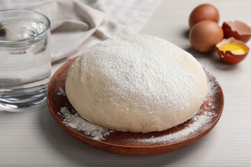 Dough and ingredients on white wooden table, closeup. Sodawater bread recipe