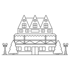 Fairy tale hut. Hotel architecture design.Real estate market. Mountain resort alpine pine trees and house.Isolated on white background. Outline vector illustration.