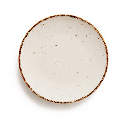 Empty round dinner plate isolated on a white background. White speckled plate with brown border...