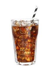 Glass of refreshing soda drink with ice cubes isolated on white