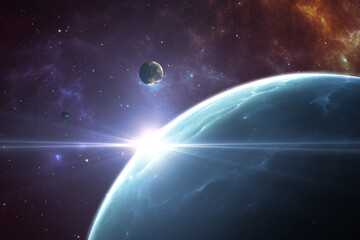 Plakat Planets outside our solar system. Exoplanets and exoplanetary systems, space background.