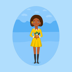 Cute cartoon Black Girl in Cute Yellow Dress Holding Flowers.
