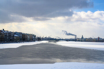 View of the frozen Neva River in St. Petersburg, opening up from the ice