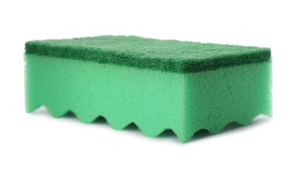 Green cleaning sponge with abrasive scourer isolated on white