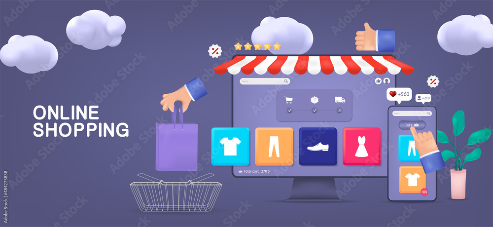 Fototapete online store concept. shopping via website or mobile app. 3d cartoon realistic webpage template with