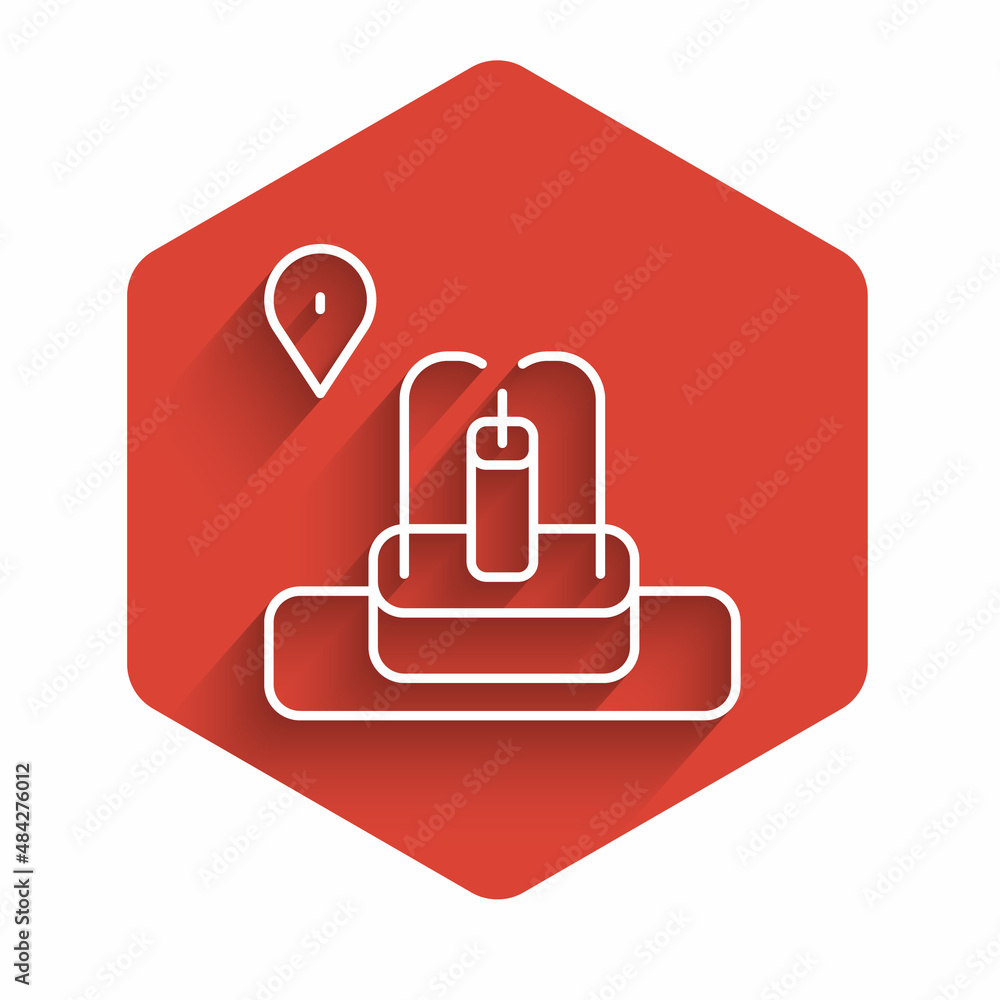 Aufkleber white line location with fountain icon isolated with long shadow. red hexagon button. vector