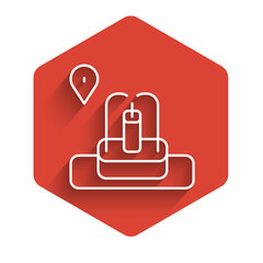 White line Location with fountain icon isolated with long shadow. Red hexagon button. Vector