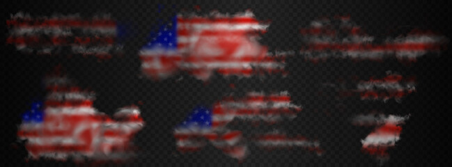 American flag smoke fragments. Set of USA flag cloud damaged pieces: red, white stripes and hazy stars isolated on semi transparent background. 3d realistic vector illustration