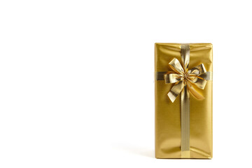 Gift box with golden bow isolated on white