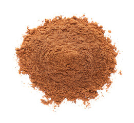 Heap of nutmeg powder on white background, top view