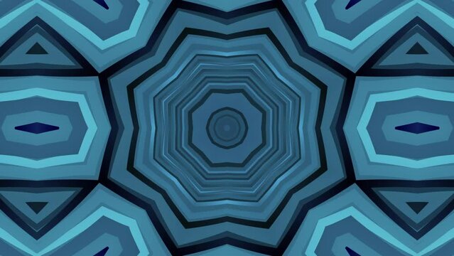 Animated Black and Blue Geometric Pattern with Mosaic of Kaleidoscope. Abstract Symmetrical Striped Texture. Psychedelic Futuristic Wallpaper. Loop Seamless Stock Footage. 3D Graphic