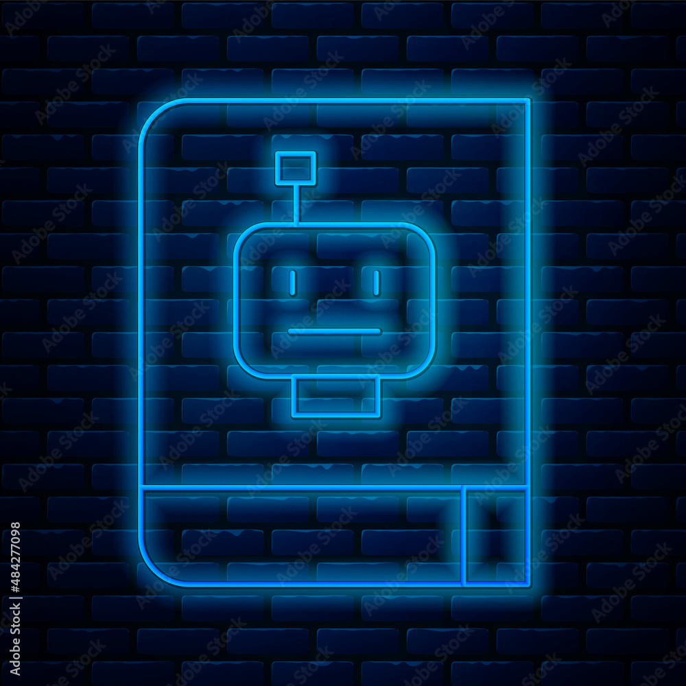 Poster glowing neon line user manual icon isolated on brick wall background. user guide book. instruction s