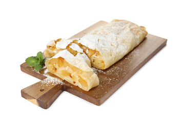 Delicious apple strudel with almonds, powdered sugar and mint on white background