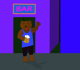 Drunk bear with beer at the bar
