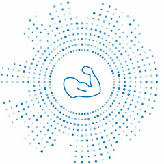 Fototapeta premium Blue line Bodybuilder showing his muscles icon isolated on white background. Fit fitness strength health hobby concept. Abstract circle random dots. Vector