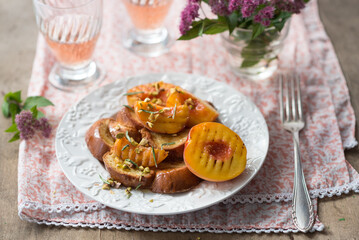 Brioche French Toast with Grilled Peaches and Pistachios