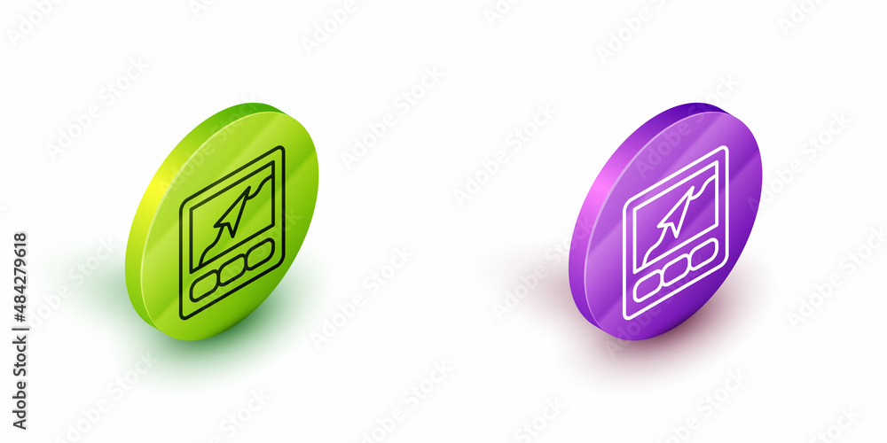Poster isometric line gps device with map icon isolated on white background. green and purple circle button