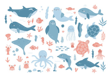 Vector set of ocean underwater animals. Cute cartoon dolphin, seal, narwhal, whale, turtle, shark, octopus and sea plants. Flat cartoon characters on white background.