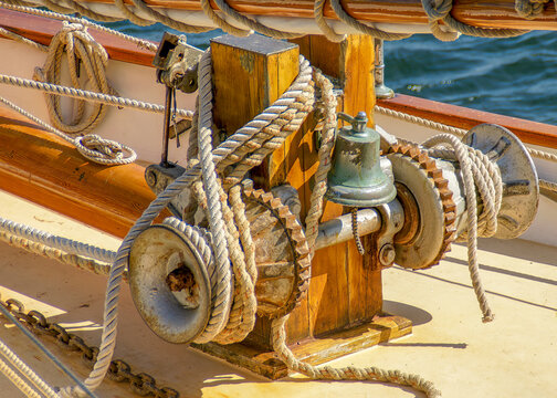 old wooden sailboat standing rigging and ropes 