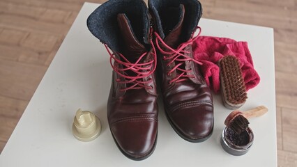  Clean Brown Shiny Winter Leather Boots Shoes Wax and Polished using Shoe Waterproofing Cream and Horsehair Brush