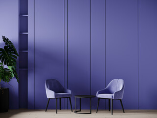 Very peri trendy color year 2022 in the living lounge room. Panels mockup wall for art and blue lavender chairs. Mockup modern room design. 3d rendering