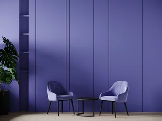 Peel and stick wallpaper Pantone 2022 very peri Very peri trendy color year 2022 in the living lounge room. Panels mockup wall for art and blue lavender chairs. Mockup modern room design. 3d rendering