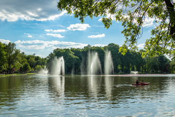 Fountains in the Zalew Nowohucki Park, Krakow, Poland