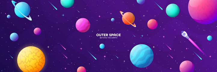 Obraz na płótnie Canvas Space futuristic modern colorful background with rocket. Starship, spaceship in night sky. Solar system, galaxy and universe exploration. Vector illustration.