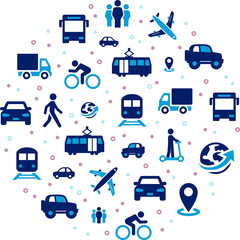Traffic vector illustration. Blue concept with icons related to transportation, public transport, travel by car, bus, train, boat, bike, airplane or other vehicle on the road, drive or journey.