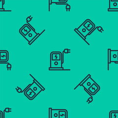 Blue line Electric car charging station icon isolated seamless pattern on green background. Eco electric fuel pump sign. Vector