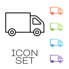Black line Delivery cargo truck vehicle icon isolated on white background. Set icons colorful. Vector