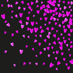 Obraz na płótnie Canvas Valentine background with pink glitter hearts. February 14th day. Vector confetti for valentine background template. Grunge hand drawn texture. Love theme for voucher, special business ad, banner.
